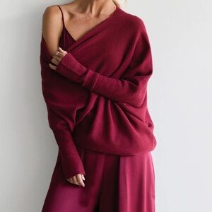 Jaki London Asymmetric Draped Seamless Knit Sweater Burgundy L/XL NWT